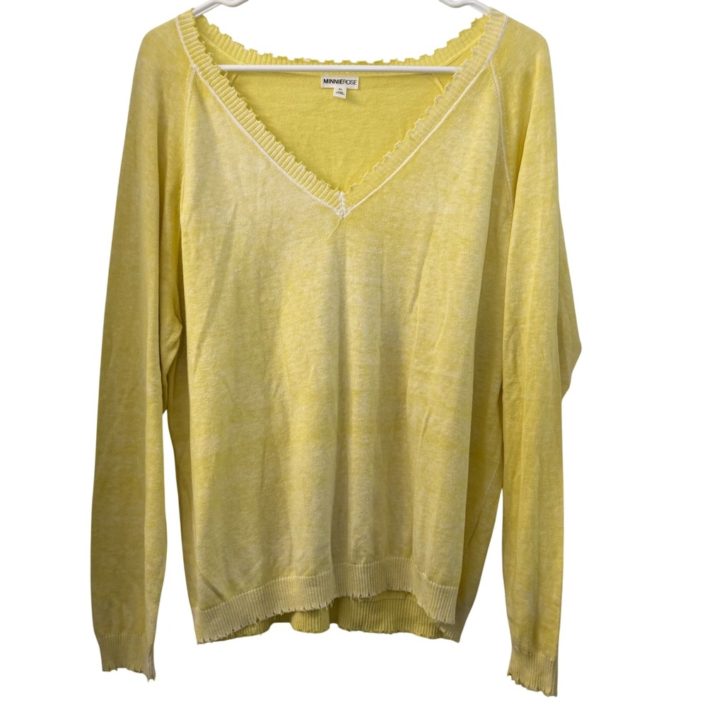 Minnie Rose Womens XL Yellow Acid Wash Cotton Cashmere Distressed V-Neck Sweater